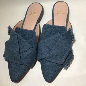 J.Crew Marina Denim Flat Mule WM SZ 5 Pointed Toe Frayed Bow Leather Lining